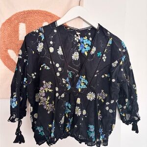 Free People Black Blouse with Blue and White Floral Design